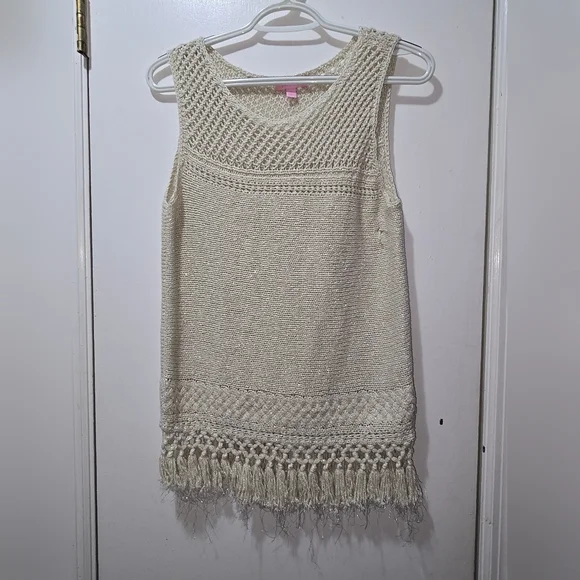 LILLY PULITZER LIMON Womens Small Metallic Gold Sleeveless Fringe Sweater - Picture 2 of 6